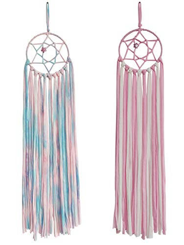 Hixixi 2pcs Fringe Hair Bows Hair Clips Holder Headband Storage Organizer Hanger, Dream Catcher Wall Hanging Decoration for Kids Baby Girls (Pink+Blue)