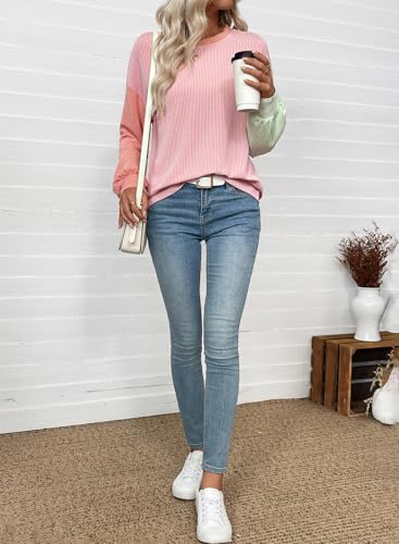 EVALESS Womens Long Sleeve Tops Fall Fashion 2025 Crewneck Color Block Ribbed Knit Casual Loose Fit Pullover Shirts4