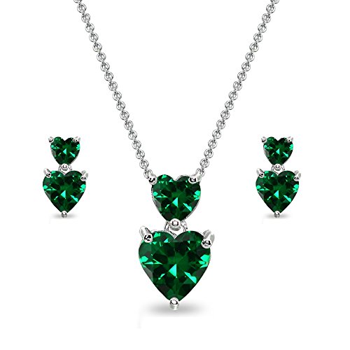 GemStar USA Necklace and Stud Earrings for Valentines Day Sterling Silver Simulated Emerald Friendship Heart Jewelry Set for Women Bridesmaids Birthday Gift
