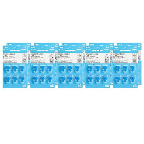 Image of Amazon Basics 60-Pack Size 675 Zinc-Air Hearing Aid Batteries, 1.45 Volt, Blue Tab, 4-Year Shelf Life, Mercury Free, Child-Safe Package (Use Scissors to Open)
