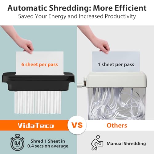 Image of VidaTeco 6-Sheet Strip Cut Mini Paper Shredder for Home Use, Portable Small Document Shredder Without Basket, Shreds Staples, CD, Credit Card, Auto-Off, Anti-Jam, Overheat Protection, Extendable Arm