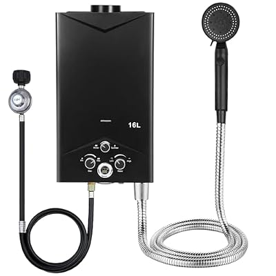 AMAMIA Outdoor Propane Tankless Water Heater - 16L 14.21 GPM Portable Gas Water Heater with Handle & Overheating Protection, Digital Display, Sprinkler, for RV Cabin Camping Boat Barn,Black 1 Set