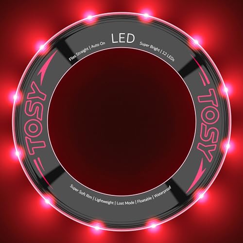 TOSY Flying Ring – 12 LEDs, Super Bright, Lost Mode, Auto Light Up, Camping Essentials for Kids/Teens/Boy/Girl, Safe & Soft, Waterproof, Pool/Beach Games, Lightweight Toy (Red)