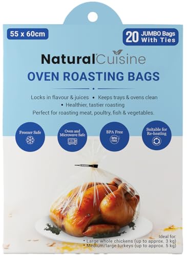 Natural Cuisine Jumbo Oven Roasting Bags 55 x 60cm Pack of 20 Large Bags with Ties BPA Free Oven & Microwave Safe Ideal for Turkey & Large Roasts