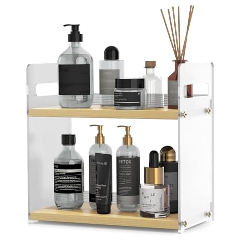 FSyueyun 2 Tier Bathroom Countertop Organizer, Wooden Vanity Shelf for Makeup, Skincare, Perfume, and Kitchen Spice Rack Tray (Beige) Cover