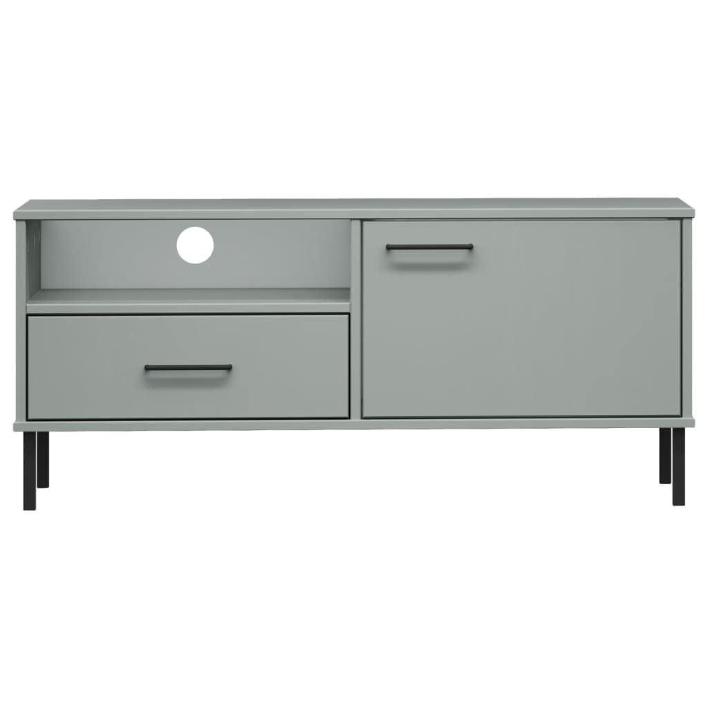 Oslo - Mobile TV grigio con gambe in metallo in legno di pino massiccio, 106 x 40 x 46,5 cm, con 1 cassetto, porta, spazio per soggiorno, credenza