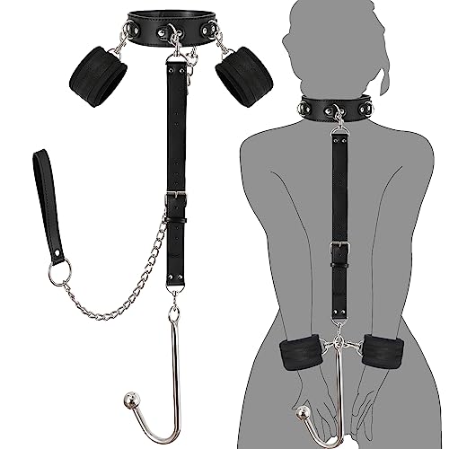 Bondage Collar Anal Hook Sex Leash Bondage Harness Set with Adjustable Handcuffs & Chain Leash Collar SM Adult Toys Sex Game Accessories (New Anal Hook Set)