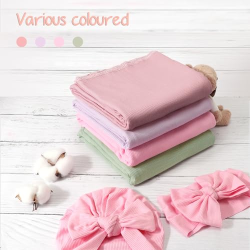 Image of DRESHOW BQUBO Baby Girl Newborn Receiving Blankets with Bow Hat Headband Wooden Birth Announcement Card Set Newborn Baby Swaddle Wrap Set Warm Shower Gift