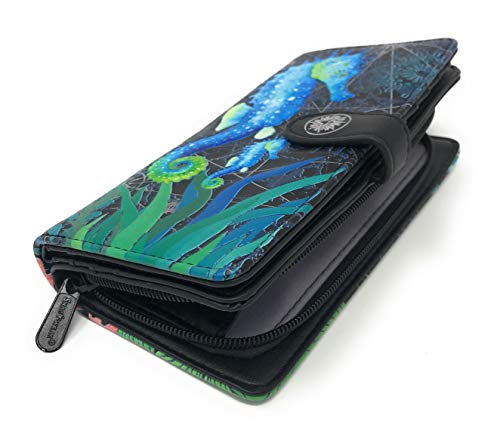 Shag Wear Sea Horse Large Wallet for Women and Teen Girls Vegan Faux Leather Black 7"3