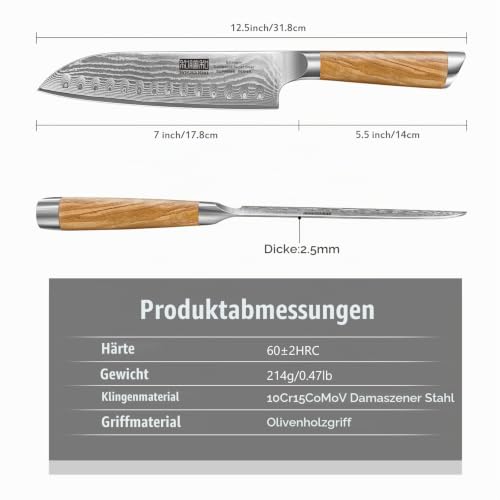 HOSHANHO Damast Santokumesser 18cm, Scharfes Kochmesser mit Olivenholzgriff – Ansicht 2