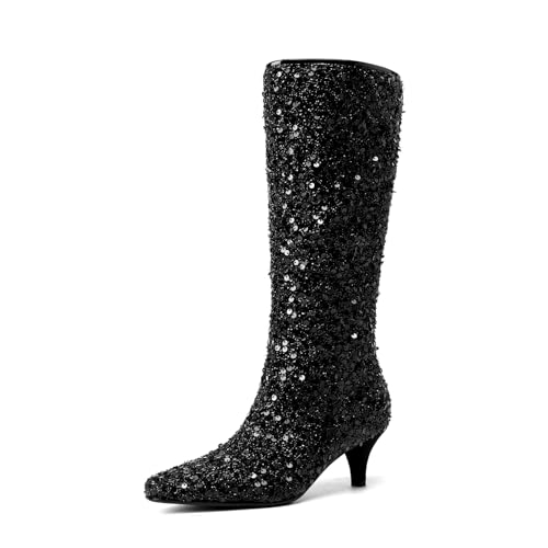 GOSERCE Sparkly Black Knee High Boots for Women Low Heel Kitten Heels Sequins Pointed Toe Bling Fashion Womens Booties Zipper Sexy Short Glitter Boot Ladies Shoes Wedding Party Dance