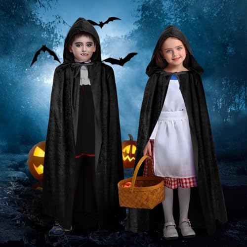 AOOWU Schwarzer Umhang, Mittelalter Umhang Kapuzenumhang, Junge,Mädchen Halloween Umhang mit Kapuze, Umhang kostüm Cape Satin, Umhang Kostüm Mantel für Halloween Weihnachten Karneval Kostüm