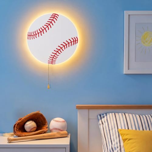 Image of Aurelema Baseball Night Light Wall Lamp Sleeping Nursery Lighting Cute Floating Battery Operated Hanging Lamp for Baby Boys Girls Bedroom Room Nursery Wall Decorations