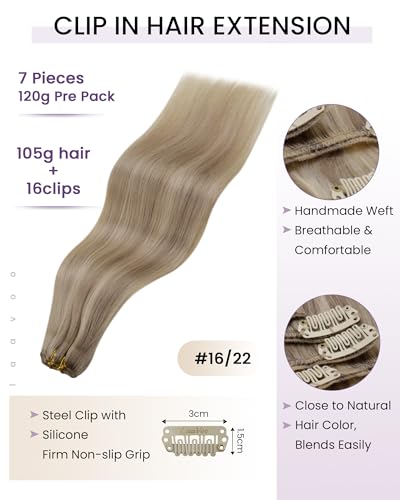 Image of LaaVoo Clip In Hair Extensions, For Party Wear, 20 Inch | Soft Blonde With Subtle Highlights, 120g 7pcs, Extensions For Women Real Hair, Soft, Thick Full