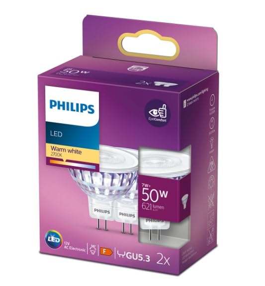 Philips 7w= 50w, GU5.3, MR16 Warm White LED Spot Lights 2 x Pack…