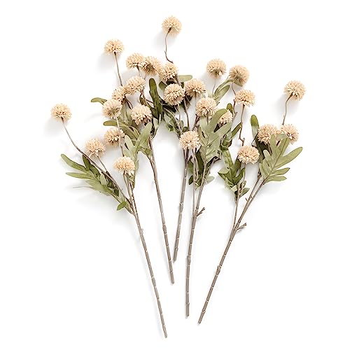 Image of Ling's moment Pompon Mum Artificial Flower, 5pcs Faux Silk Mini Chrysanth with Stems, Bulk Fake Wedding Filler Flowers for DIY Bouquet Centerpieces Arrangements Shower Decorations, Beige