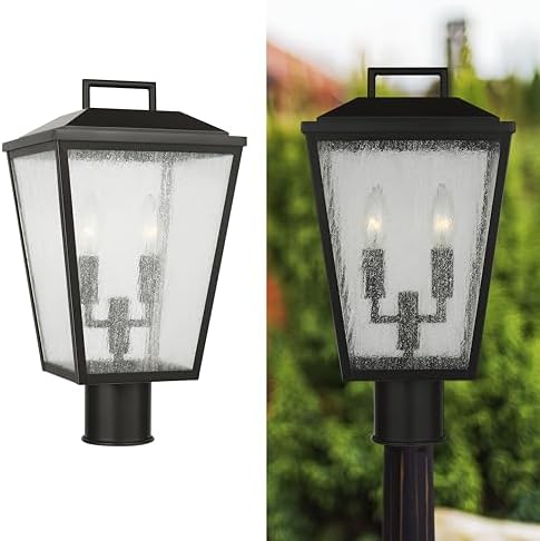 Scott Living 2-Light Kennewick Transitional Outdoor Post Lantern in Antique Bronze Finish with Clear Seeded Shade DJO1092ANBZ, Outdoor Light Fixture for Landscape Lighting and Lamp for Patios
