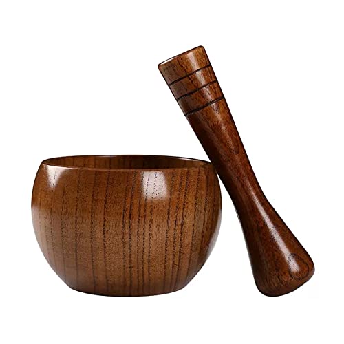 Juego de mortero y Maja de Madera para prensar ajos, tazón Molinillo Redondo de Madera de Aspecto Brillante para Guacamole, Salsa, triturador de Hierbas y Juego de mortero y Maja d