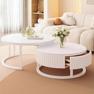 Couchtisch Rund Weiss 2er Set 50+70cm Runder Couchtisch Marmor Mit Stauraum Modern Wohnzimmertisch Weiß Mit Holz Schublade Tisch Wohnzimmer Ausziehbar Satztische Fürs Wohnzimmer