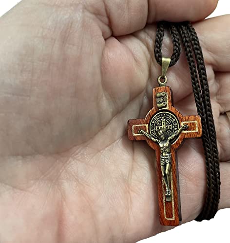 Catholica Shop Saint Benedict Medal Wood Crucifix Cord Necklace for Men & Women – Handcrafted Religious Pendant, Healing, Travel Protection, Perfect for Gifting on Special Occasions, Made in Brazil4