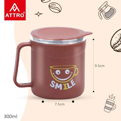 Image of ATTRO Happy Mug Set of 6-Comes with Double Wall Inner Stainless Still & Lid Stylish Cup Ideal for Hot Coffee, Tea - 300ml-Red