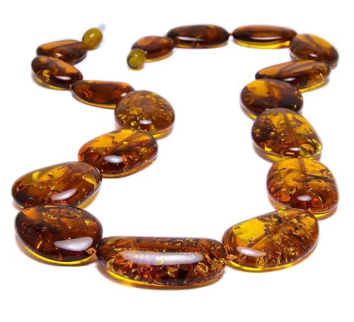 Laboratorio Italiano del Gioiello Echte Bernsteinkette Damen - Baltischer Natur Bernstein - Große Flache Ovale Steine - Honig Farbe (51cm 39gr)