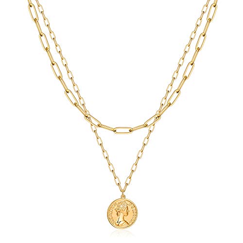 Turandoss Queen Elizabeth Coin Pendant Necklaces for Women, 14K Gold Plated Dainty Medallion Pendant Necklace Paperclip Chain Layered Gold Coin Necklaces for Women Jewelry Gifts