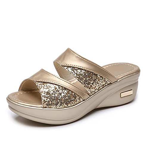 Preisvergleich Produktbild Damen-Sandalen, modisch, Plateau, bequem, glitzernd, Pailletten, Keilabsatz, offener Zehenbereich, mittelhohe Absätze, rutschfest, goldfarben, 37 EU