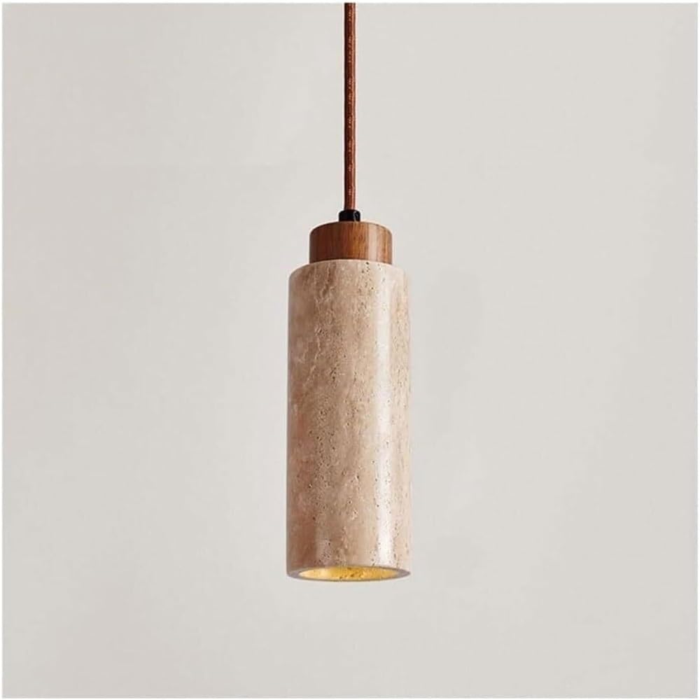 LYMSXAZOU Modern Cylindrical Pendant Light Yellow Travertine Stone and Wood Accent Ceiling Hanging Lamp Rectangular for Kitchen Island Bedside Hallway(Cylinder)