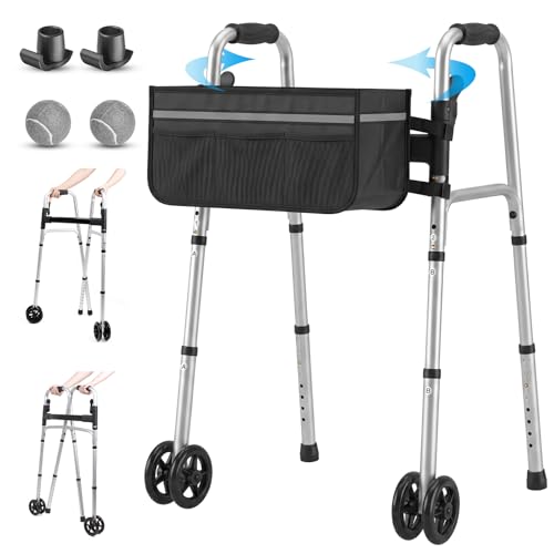 Image of Folding Walker for Seniors with Reflective Strip Basket for Seniors Elderly | Lightweight Aluminum Rolling Walker with 4 x 5 inch Front Wheels, Storage Bag & Ski Glides 8 Height Adjustments, 350lbs Capacity