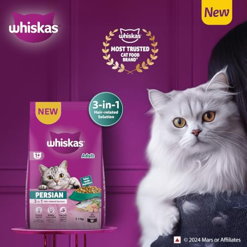 Image of Whiskas Persian Adult (1+ Years) Dry Cat Food, 6.8kg, 100% Complete & Balanced Tailor Made Nutrition, Reduces Hairfall, for Healthy Coat & Skin