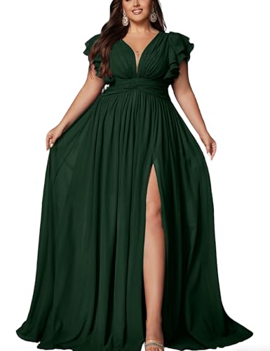 VOUIAO Womens Plus Size Bridesmaid Dresses Chiffon Wedding Guest Summer Maxi Dress Elegant Prom Evening Party Cocktail Gown Dark Green 3XL
