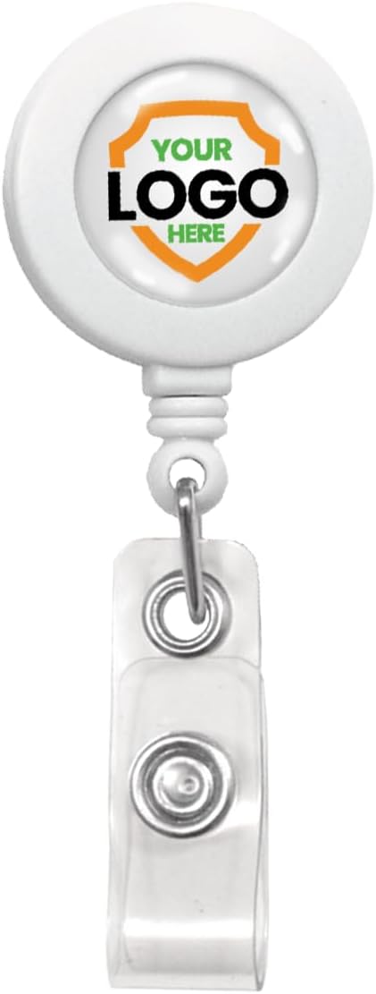 Bulk 100 Pack - Custom Badge Reels Retractable (Upload Your Logo) with Belt Clip - Personalized Full Color Print Dome Label - Company Badge Holders for Medical Staff, Office by Specialist ID (White)