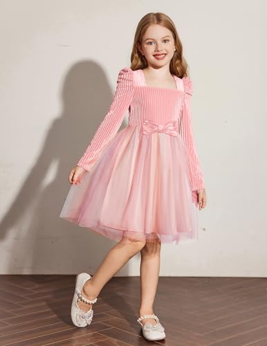 Arshiner Toddler Girls Velvet Dresses Square Neck Fall Winter Long Sleeves Dress for Holiday Party 3-8Y4