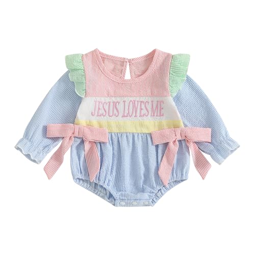 Newborn Baby Girl Fall Clothes Jesus Loves Me Embroidery Bubble Romper Striped Long Sleeve Bodysuit Baptism Outfit - Main Image