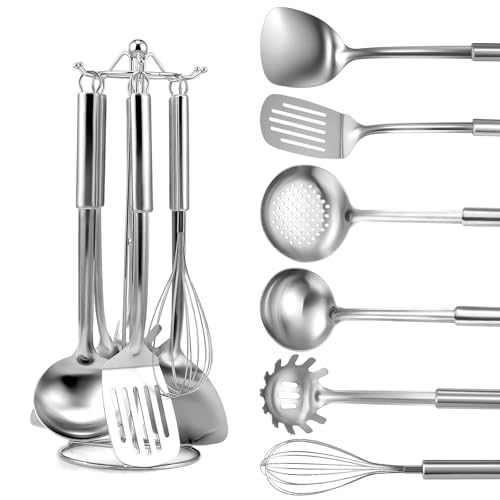 Gymdin Set di 7 utensili cucina acciaio inox - con manico appendibile, utensili da cucina con spatola, paletta, mestolo, schiumarola, frusta, servipasta, portautensili, lavabile in lavastoviglie