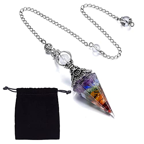 SUNNYCLUE 7 Chakra Pendulum Healing Crystal Gemstone Collar de Péndulo de Radiestesia con Cierres de Garra de Langosta Y Bolsas de Tela Terciopelo para Reiki Healing Balancing Collar de Péndulos Cover