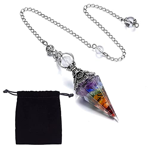 SUNNYCLUE 7 Chakra Pendule Guérison Cristal Pierres Précieuses Radiesthésie Pendule Collier avec Pinces de Homard et Sacs en Tissu de Velours pour Reiki Guérison Équilibrage Point Spirituel