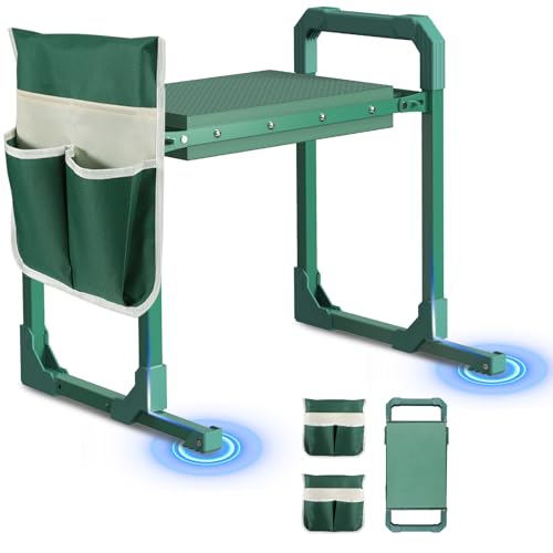Garden Kneeler and Seat with Anti-Tipping Design, 2-in-1 Heavy Duty Foldable Gardening Stool, Thick Soft Kneeling Pad, 2 Tool Pouches, 400 lbs - Perfect Gardening Gift for Women, Men, Seniors (Green)