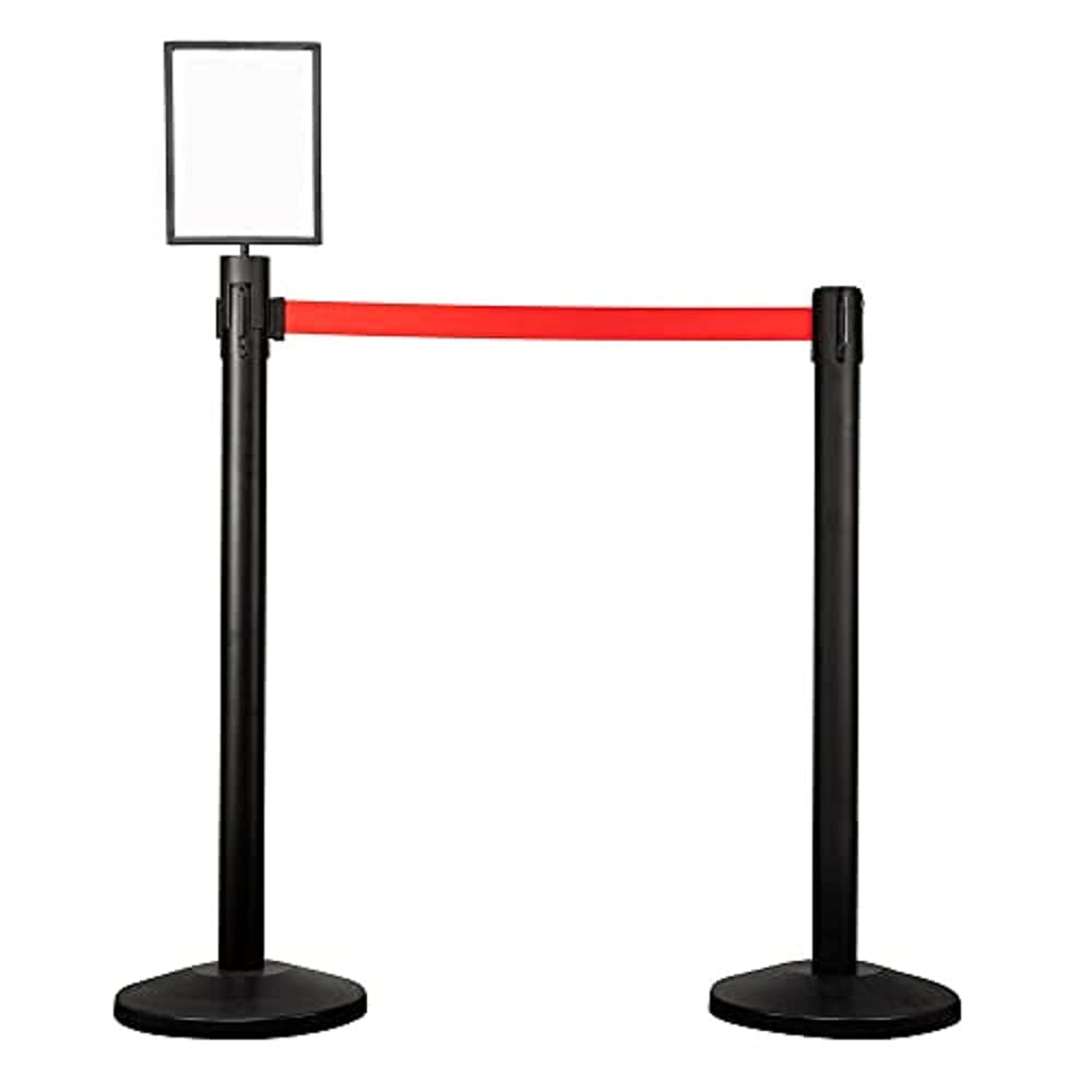 Qbuster Black Stanchions with Retractable Belt, Crowd Control Safety Barrier with 11’ Red Belt, 1 Sign Holder, Set of 2 Posts
