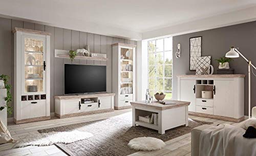 Wohnkombination Kiruna II 6tlg. Set, Pinie weiß, Oslo Pinie Nachbildung, Wohnzimmer, Möbel, Wohnzimmerset, Wohnzimmermöbel, Wohnwand, Sideboard Größe mit Beleuchtung