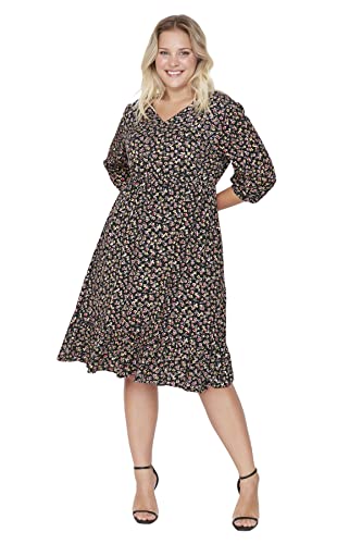 Trendyol Midi Skater Regular Plus Size Dress Vestido, Negro/Multicolor, 44/Grande para Mujer