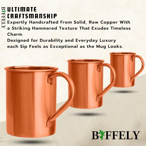 Image of Moscow Mule Copper Mugs (16oz) | Food Grade 100% Pure Copper Cups | Handcrafted w /Lacquered Hammered Finish, Smooth Rounded Lip, Ergonomic Handle (No Rivet) w /Solid Grip