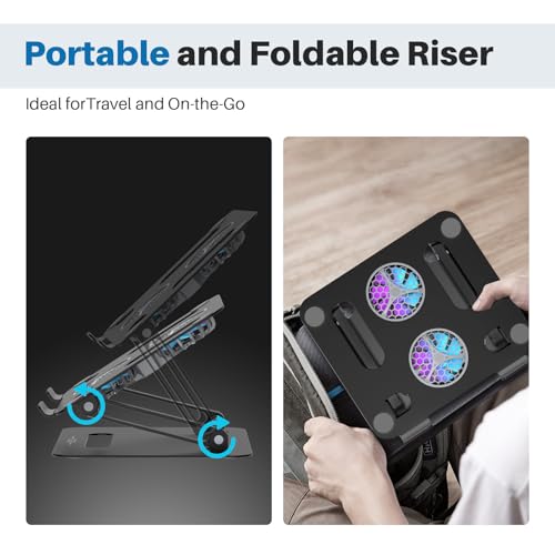 Image of YICOSUN Adjustable Laptop Cooling Stand with 2 Quiet Fans & RGB Lighting, Aluminum Alloy & Foldable Ergonomic Design for MacBook, Lenovo, ASUS, Dell 10-16 Inch, Perfect for Gaming, DJ, Office - Black