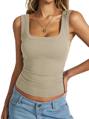 EasyGala Womens Cotton Ribbed Square Neck Tank Tops Basic Backless Camisole Sleeveless Slim Fit Wide Shoulder Strap Summer Clothes 2025 Apricot Large