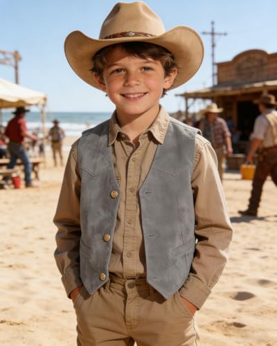Image of Retro Boys Western Cowboy Vest for Kids Leather Suede Waistcoat | vintage dress vests, welt pockets, v-neck, adjustable waist, formal slim fit, wedding outfit, farm christmas birthday prom