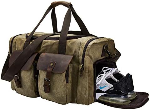 BRASS TACKS Leathercraft Men's Waterproof Waxed Canvas Vintage Overnight Duffel Weekend Bag with Shoes Compartment (Khaki) 1 BRASS TACKS Leathercraft Men's Waterproof Waxed Canvas Vintage Overnight Duffel Weekend Bag with Shoes Compartment (Khaki)