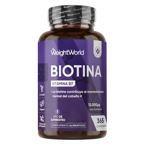 Biotina Pura 12000 mcg Vegana (365 Comprimidos) - Suplemento de Vitamina B7 para Mujer y Hombre, Contribuye al Mantenimiento Normal del Cabello (EFSA), Para 1 Año, Sin OGM ni Estearato de Magnesio