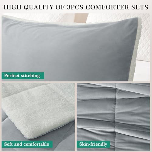 Image of MERITLIFE Fluffy Sherpa Queen Size Bedding Comforter Sets Queen Comforter Set-3 Pieces Bed in a Bag Light Grey Soft Comforter and Pillowcase Luxury Warm Bedding Set for Winter