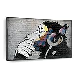 ElephantStock Monkey Wearing Headphones Wall Art - Horizontal Wrapped Canvas - 1-Piece Hallway Wall Decor - Graffiti Canvas Print - Black and Gray Decor for Wall - 30' X 20'